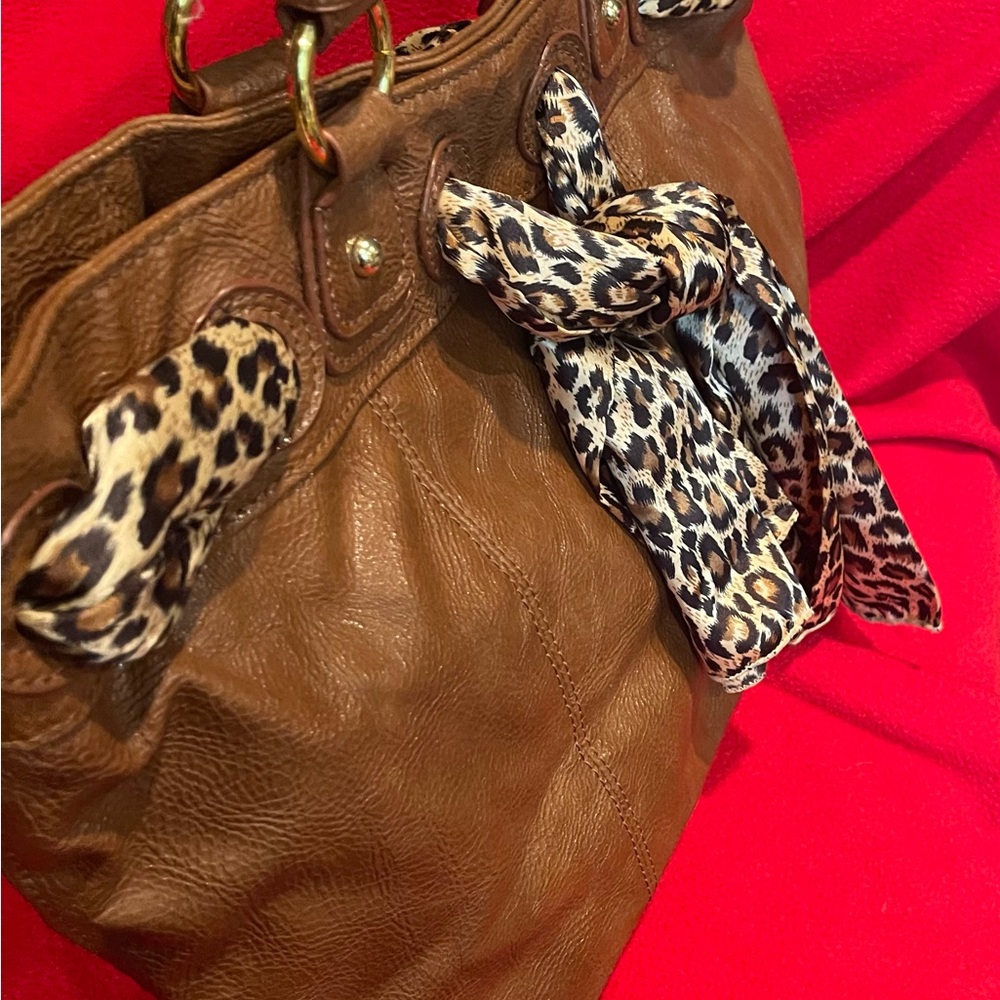 Aldo Brown Leather Tote with Leopard Print Scarf NWOT - Picture 7 of 9